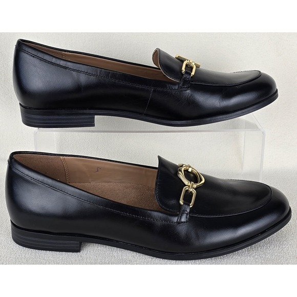 Naturalizer Womens Sz 11 Mya Chain Loafer Black Leather Gold Block‎ Heel Comfort - Picture 1 of 10